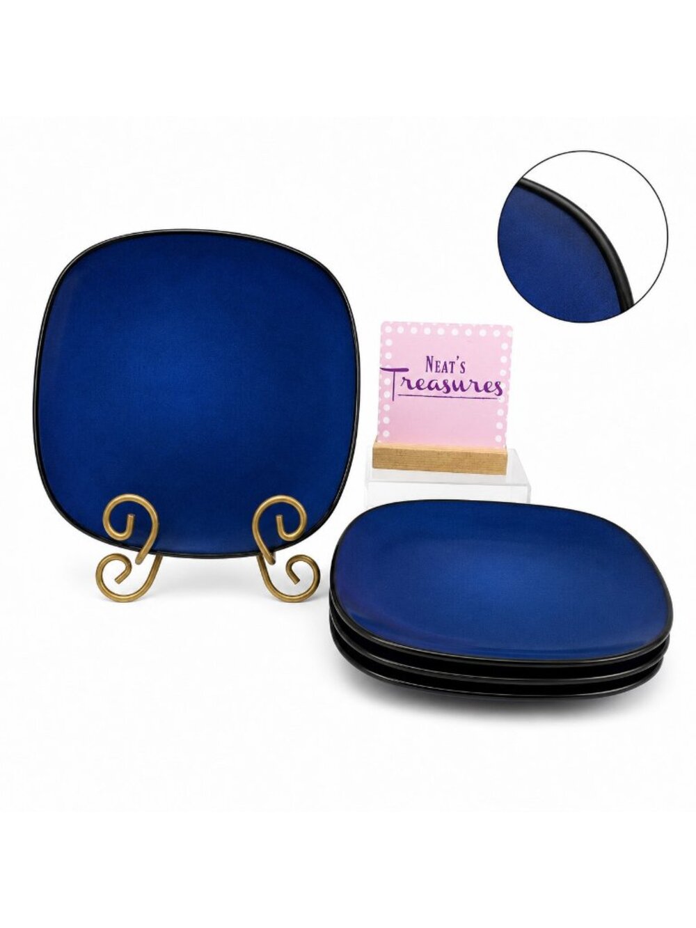 Gibson SOHO LOUNGE Solid Blue Black Edge Square Stoneware Lunch Plates Set of 4